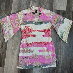 LUCKY BRAND VTG KIMONO SLEEVE JAPANESE STYLE RAYON TUNIC CHERRY BLOSSOM SMALL